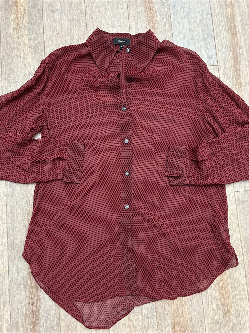 Theory Weekender Dot Chiffon Burgundy Button-Down Shirt Black Micro Pattern S